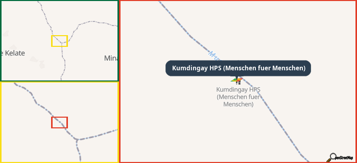 Map showing the address of Kumdingay HPS (Menschen fuer Menschen) in three different zoom levels.