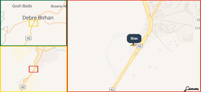 Map showing the address of Was in three different zoom levels.