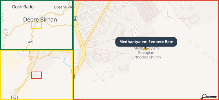 Map showing the address of Medhaniyalem Senbete Bete in three different zoom levels.