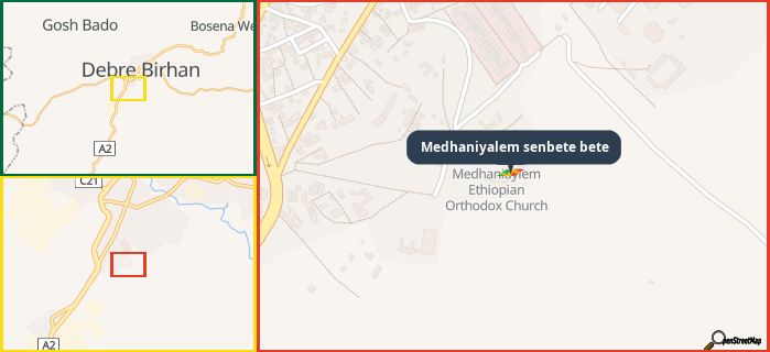 Map showing the address of Medhaniyalem senbete bete in three different zoom levels.