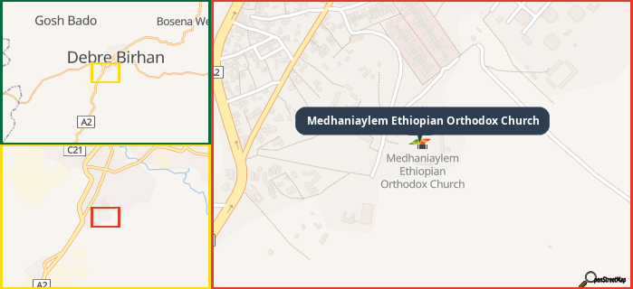 Map showing the address of Medhaniaylem Ethiopian Orthodox Church in three different zoom levels.