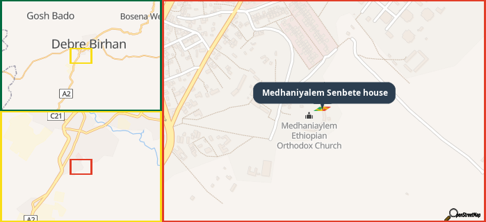 Map showing the address of Medhaniyalem Senbete house in three different zoom levels.