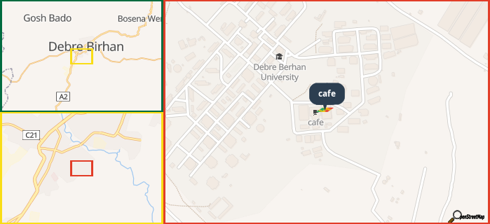 Map showing the address of cafe in three different zoom levels.