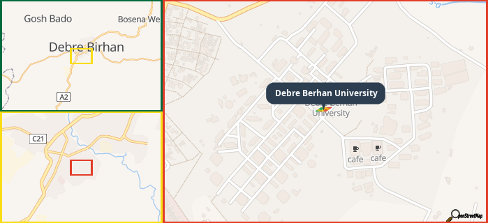 Map showing the address of Debre Berhan University in three different zoom levels.