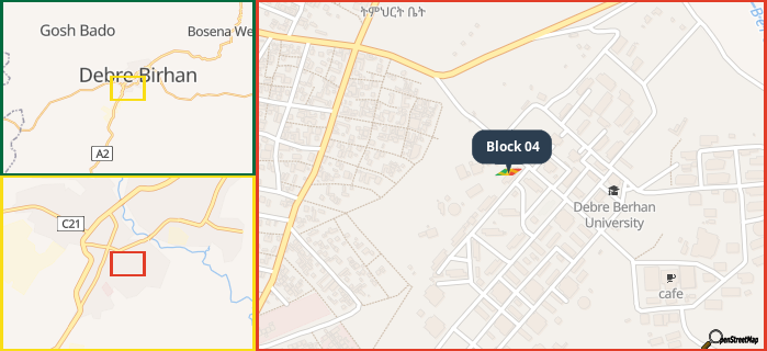 Map showing the address of Block 04 in three different zoom levels.