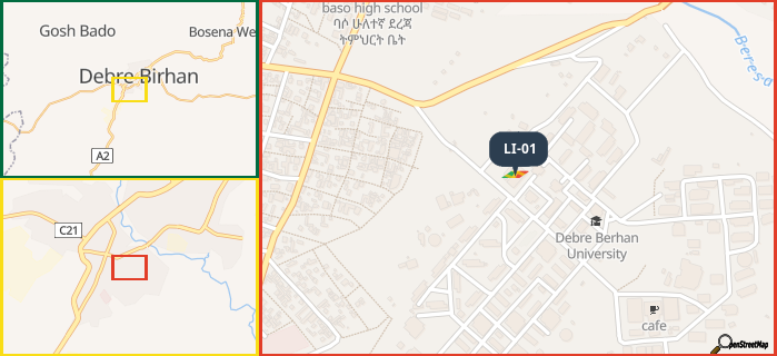 Map showing the address of LI-01 in three different zoom levels.