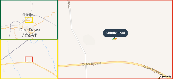 Map showing the address of Shinile Road in three different zoom levels.