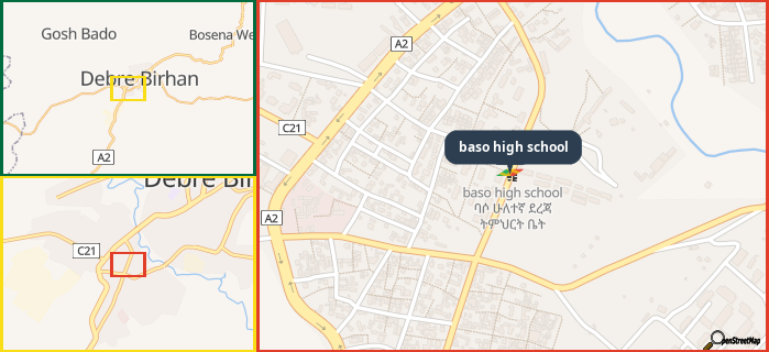 Map showing the address of baso high school in three different zoom levels.