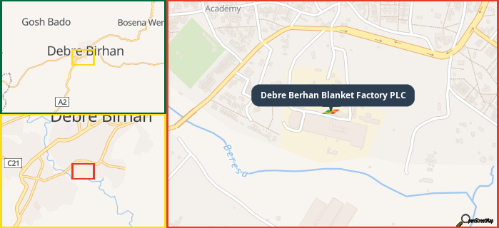 Map showing the address of Debre Berhan Blanket Factory PLC in three different zoom levels.