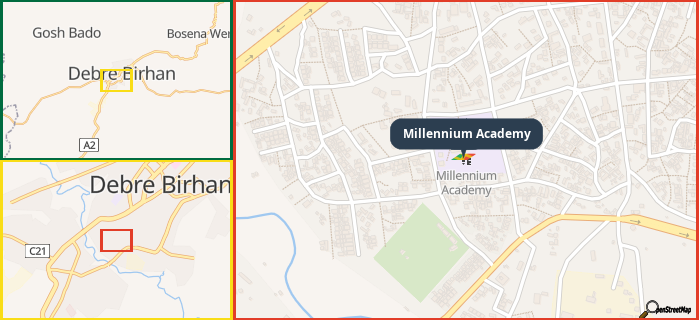 Map showing the address of Millennium Academy in three different zoom levels.