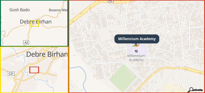 Map showing the address of Millennium Academy in three different zoom levels.