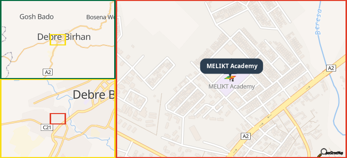 Map showing the address of MELIKT Academy in three different zoom levels.