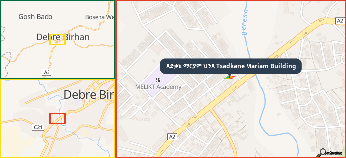 Map showing the address of ጻድቃኔ ማርያም ህንጻ Tsadkane Mariam Building in three different zoom levels.