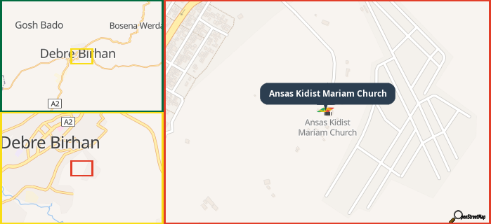 Map showing the address of Ansas Kidist Mariam Church in three different zoom levels.