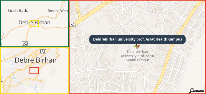 Map showing the address of Debirebirhan university prof. Asrat Health campus in three different zoom levels.