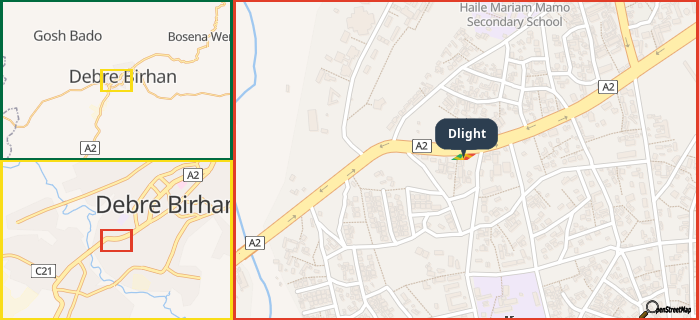 Map showing the address of Dlight in three different zoom levels.