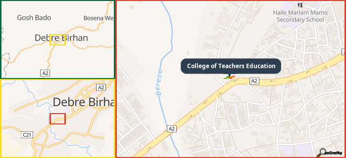 Map showing the address of College of Teachers Education in three different zoom levels.
