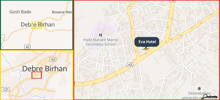 Map showing the address of Eva Hotel in three different zoom levels.