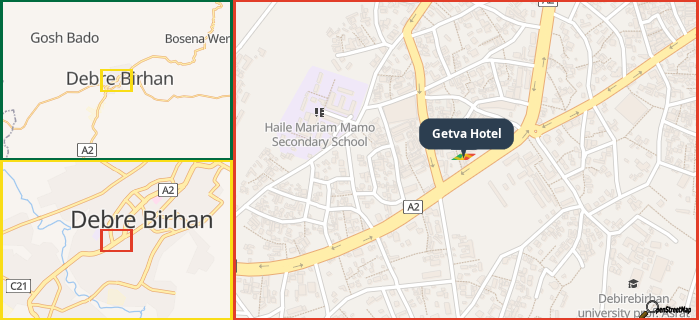 Map showing the address of Getva Hotel in three different zoom levels.