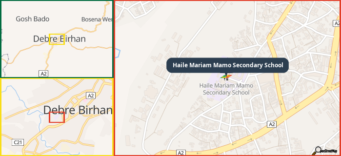 Map showing the address of Haile Mariam Mamo Secondary School in three different zoom levels.