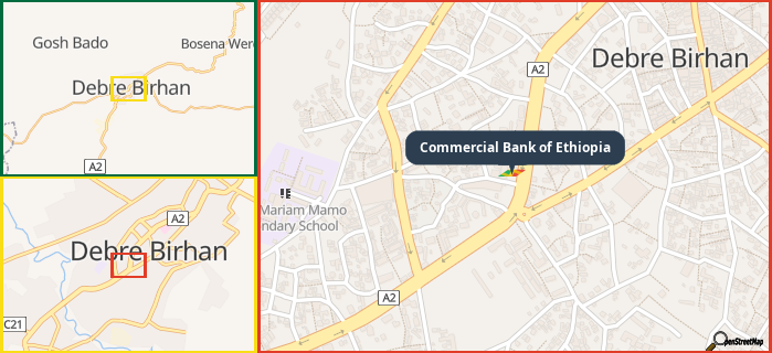 Map showing the address of Commercial Bank of Ethiopia in three different zoom levels.
