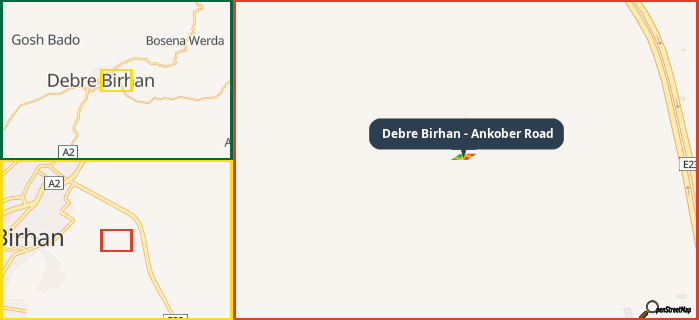 Map showing the address of Debre Birhan - Ankober Road in three different zoom levels.