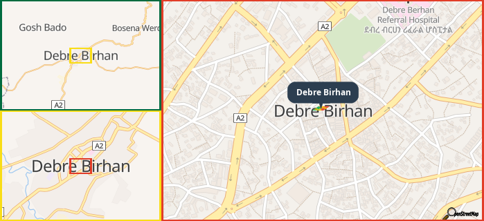 Map showing the address of Debre Birhan in three different zoom levels.