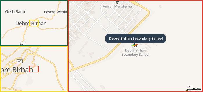 Map showing the address of Debre Birhan Secondary School in three different zoom levels.