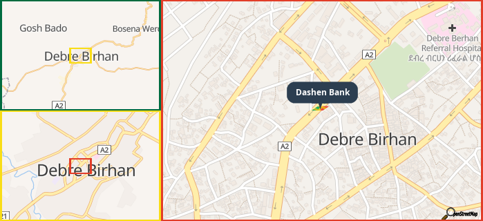 Map showing the address of Dashen Bank in three different zoom levels.