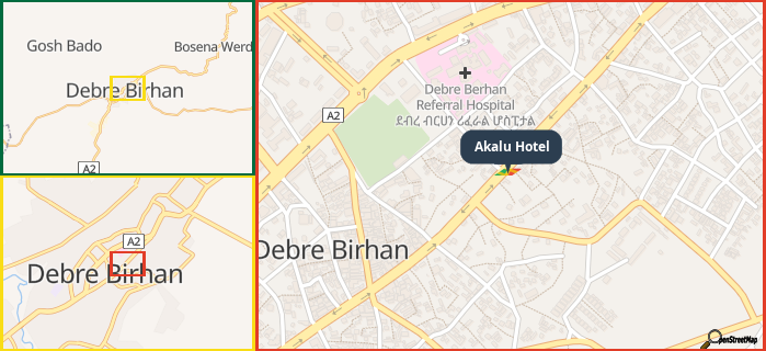 Map showing the address of Akalu Hotel in three different zoom levels.