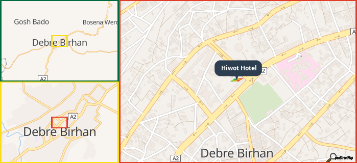 Map showing the address of Hiwot Hotel in three different zoom levels.