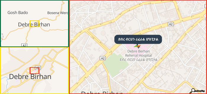 Map showing the address of ደብረ ብርሀን ሪፈራል ሆስፒታል in three different zoom levels.