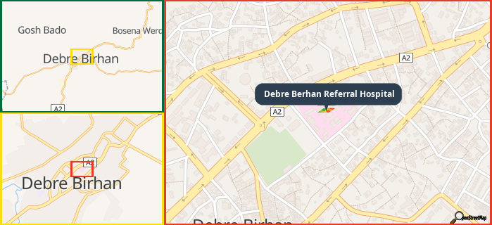 Map showing the address of Debre Berhan Referral Hospital in three different zoom levels.