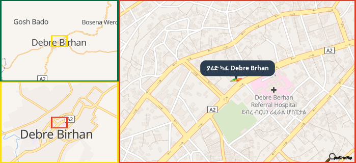 Map showing the address of ያሬድ ካፌ Debre Brhan in three different zoom levels.