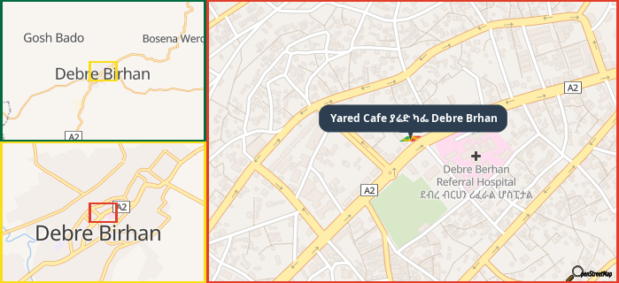 Map showing the address of Yared Cafe ያሬድ ካፌ Debre Brhan in three different zoom levels.