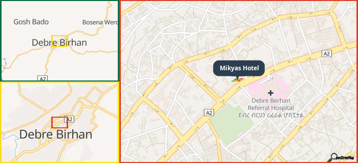 Map showing the address of Mikyas Hotel in three different zoom levels.