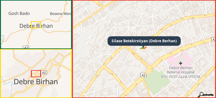 Map showing the address of Silase Betekirstiyan (Debre Berhan) in three different zoom levels.