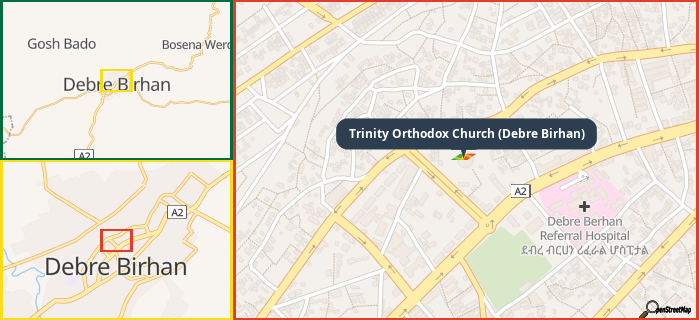 Map showing the address of Trinity Orthodox Church (Debre Birhan) in three different zoom levels.