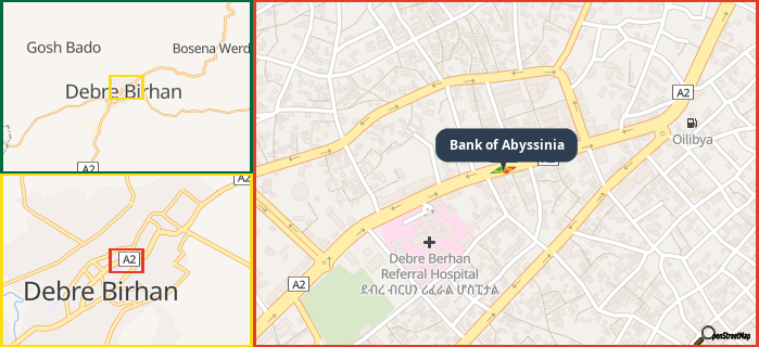 Map showing the address of Bank of Abyssinia in three different zoom levels.