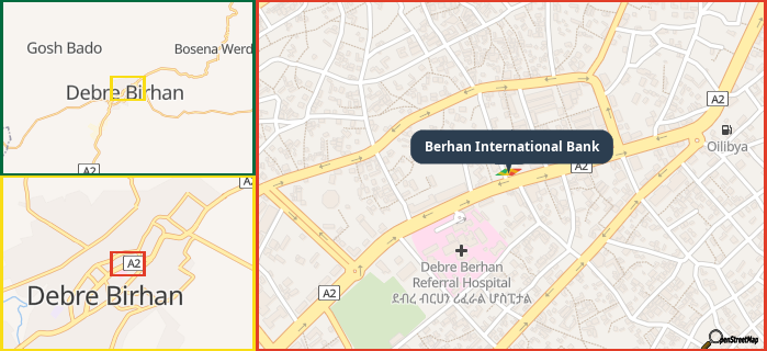 Map showing the address of Berhan International Bank in three different zoom levels.