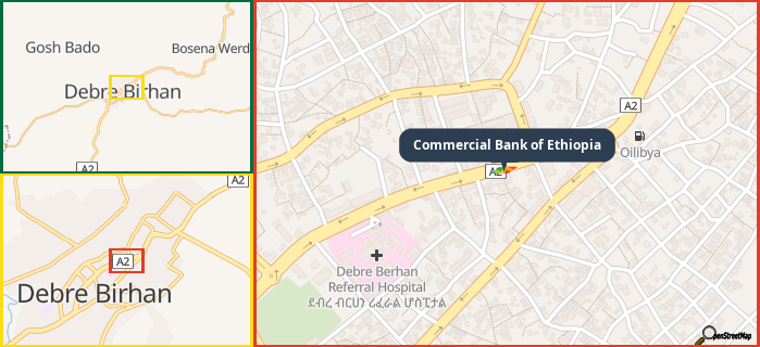 Map showing the address of Commercial Bank of Ethiopia in three different zoom levels.