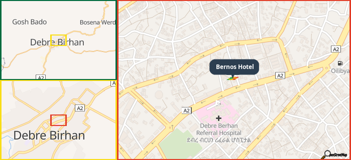 Map showing the address of Bernos Hotel in three different zoom levels.