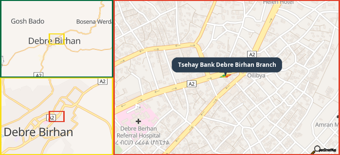 Map showing the address of Tsehay Bank Debre Birhan Branch in three different zoom levels.
