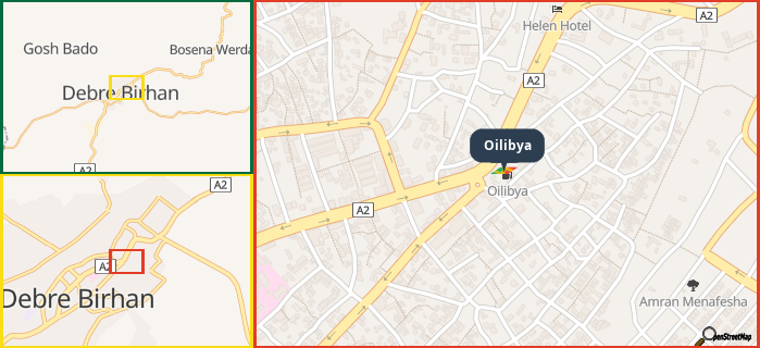Map showing the address of Oilibya in three different zoom levels.