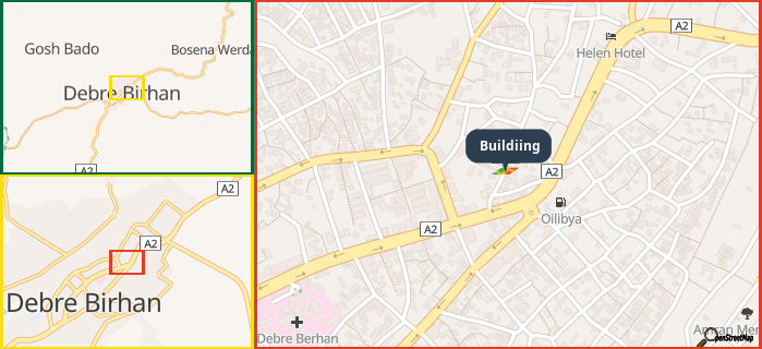 Map showing the address of Buildiing in three different zoom levels.