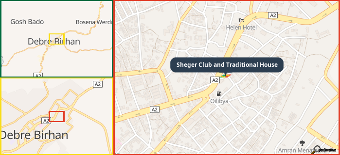 Map showing the address of Sheger Club and Traditional House in three different zoom levels.