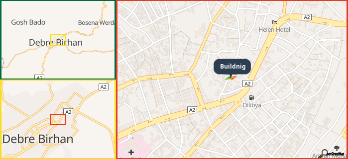 Map showing the address of Buildnig in three different zoom levels.