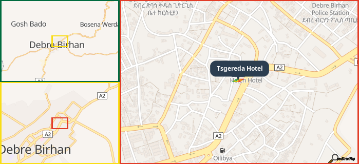 Map showing the address of Tsgereda Hotel in three different zoom levels.