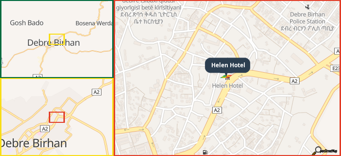 Map showing the address of Helen Hotel in three different zoom levels.