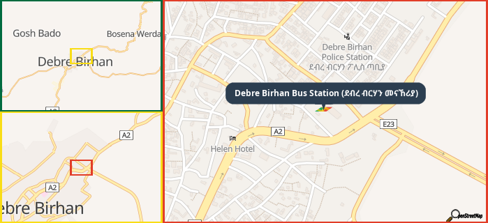 Map showing the address of Debre Birhan Bus Station (ደብረ ብርሃን መናኸሪያ) in three different zoom levels.